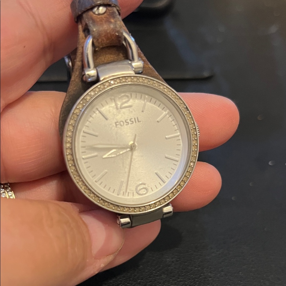 Fossil Silver Dial with Brown Leather Strap Watch